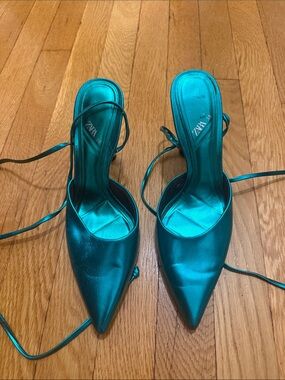 ZARA Teal Pointed Toe Lace-Up Heels